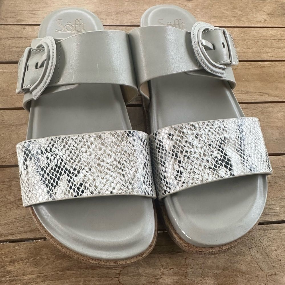 Sofft Silver Gray Snake-Print Slide Sandals